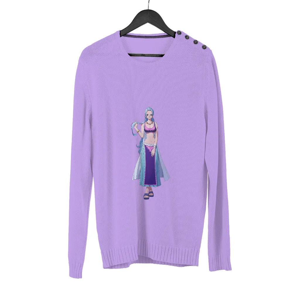 T-Shirts Pattern: Anime Character with Long Blue Hair, Pink Top, and Purple Skirt|blue shirt cartoon character