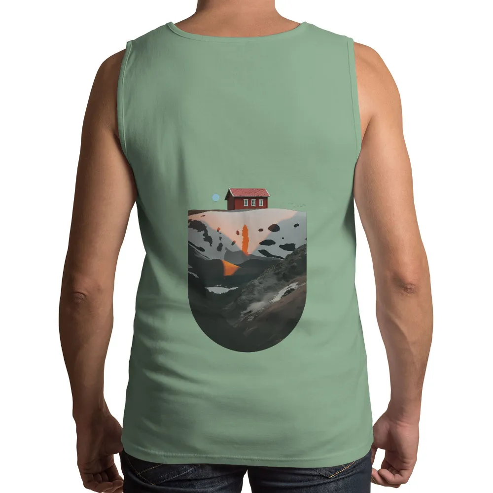 Tee Shirt Printing: Serene Red House on Mountain Landscape| tranquil scene