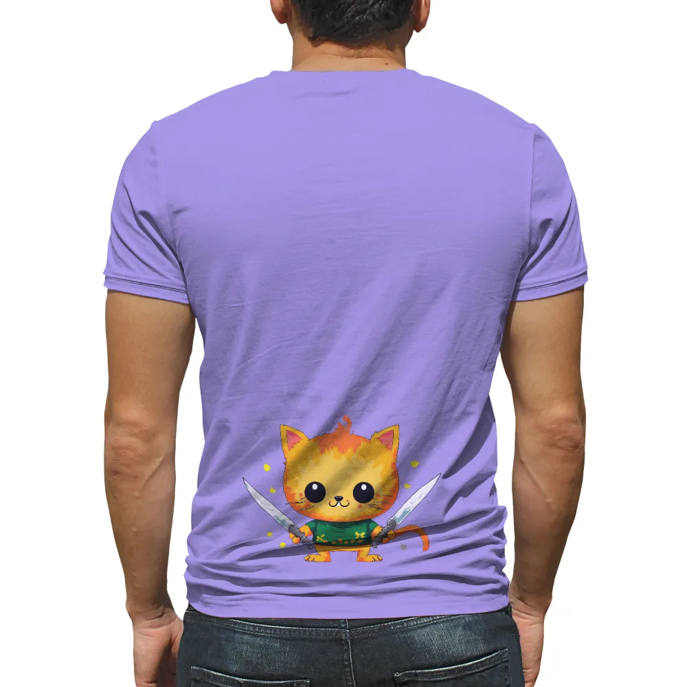 Customized Tee Shirts: Adorable Warrior Cat | Anime-Inspired Design| Black background with yellow sparkles