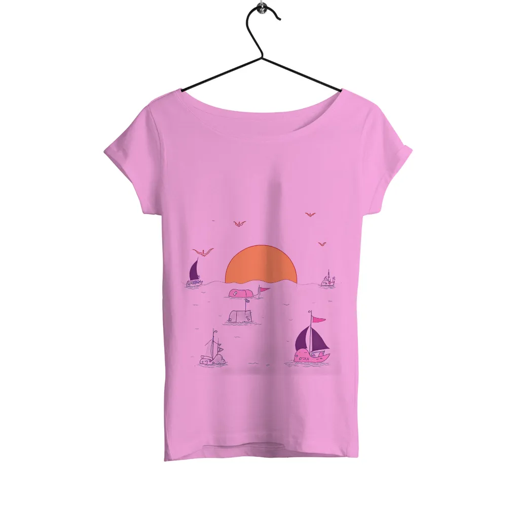 Graphic Tees: Neon Sunset with Whimsical Sailboats and Red Birds|sunset t