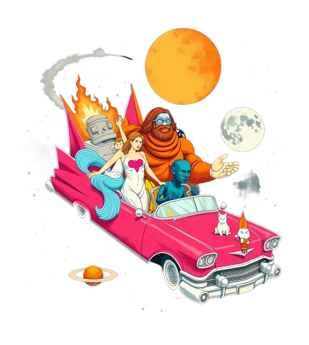 Shirts Graphic Tees: Intergalactic Journey on a Pink Cadillac