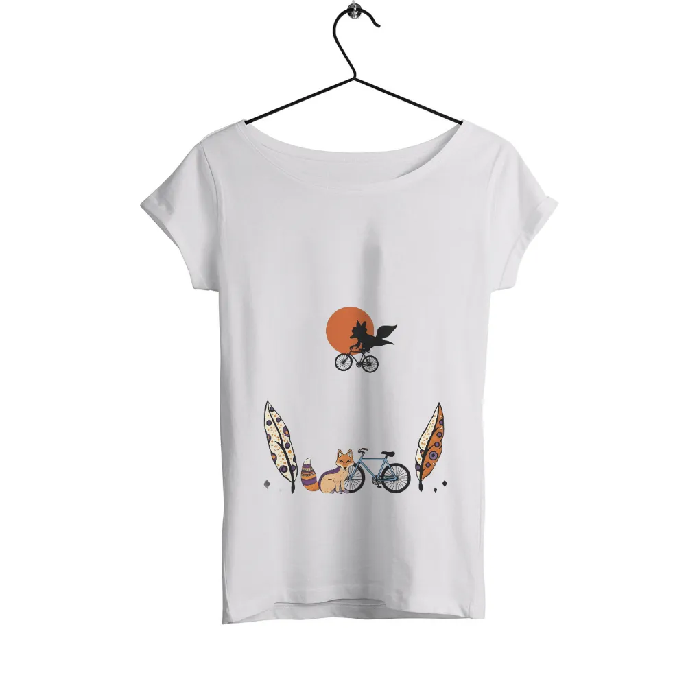 T-Shirts Design: Whimsical Fox Adventure with Feathers and Bicycle|sunset t