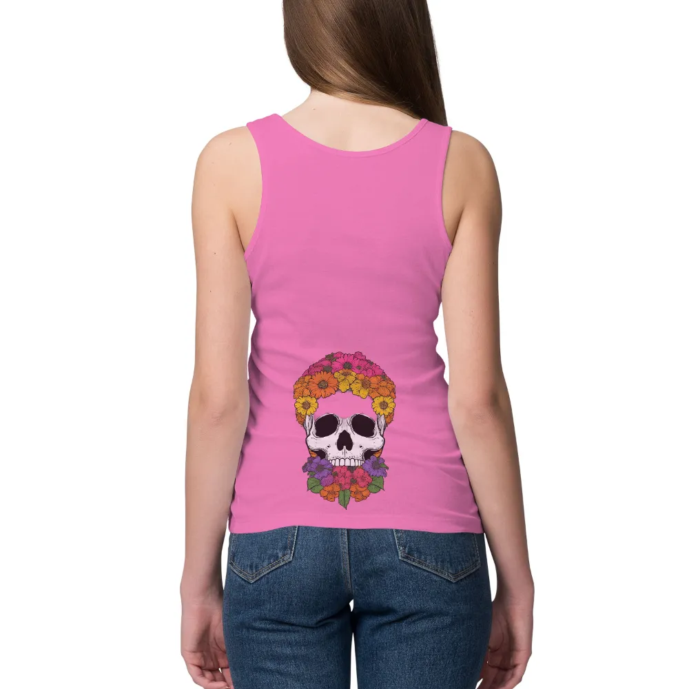 T-Shirt Printing: Vibrant Skull with Flowers - Artistic Celebration of Life and Death|hot topic black and white plaid studded skull