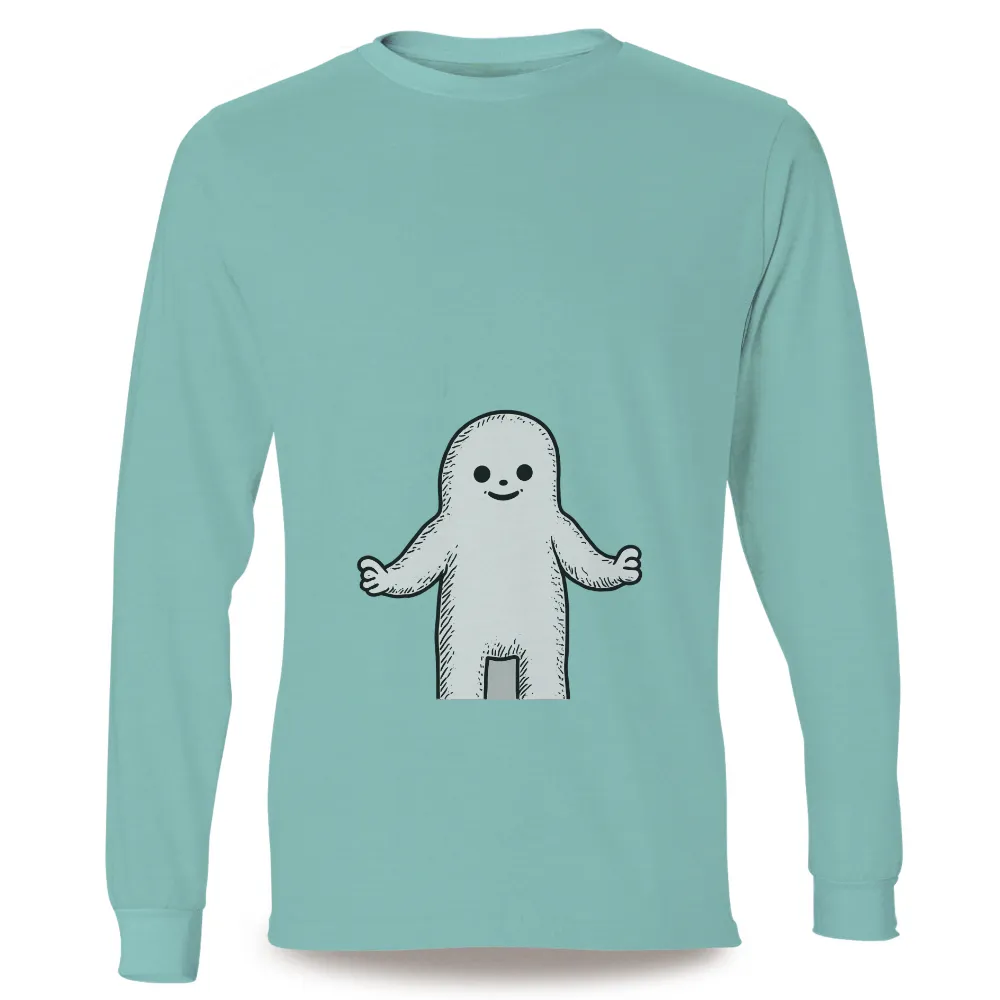 Customized Tee Shirts: Embrace Welcoming Joy with Minimalistic Design|White inflatable character on T-shirt with round head and friendly smile