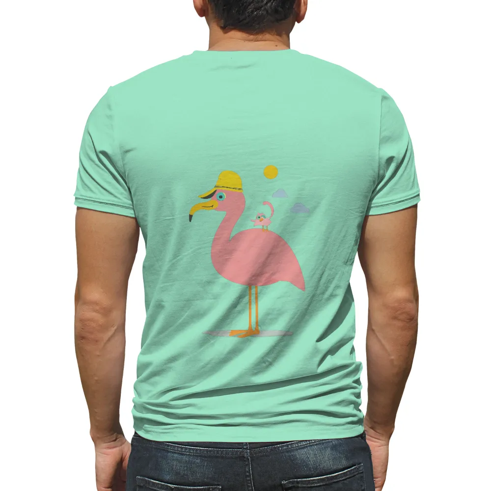 Customized Tee Shirts: Whimsical Friendship with Flamingo Fred and Tweet| Tiny bird perched on Flamingo Fred's back