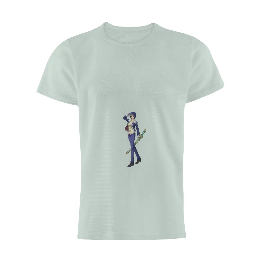 T-Shirts Design: Anime Character with Katana - Vibrant Colors and Confident Stance|cartoon character with star on shirt