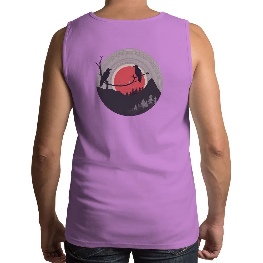 Custom T-Shirt Printing: Ravens and Red Sun - Artistic Design| gray circles