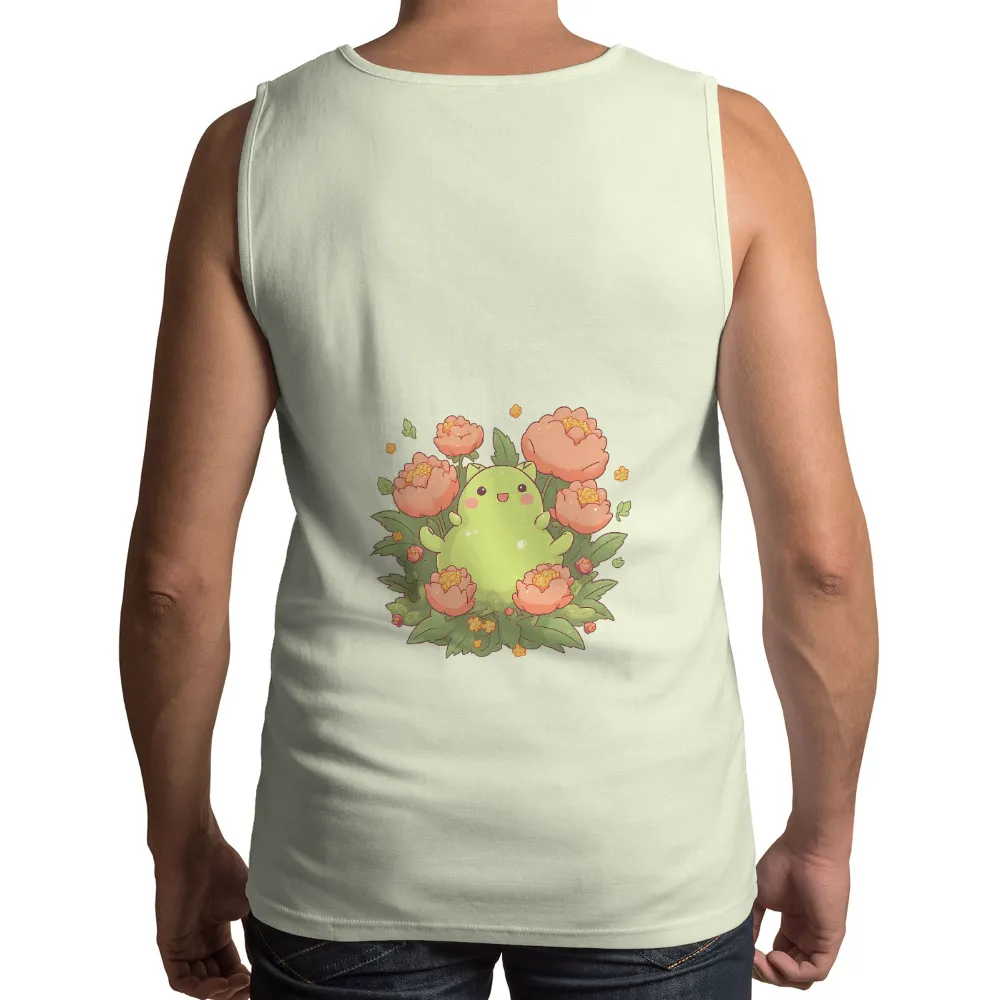 T-Shirt Printing: Embrace Joy with Bloop Among Peonies|Whimsical green creature named Bloop