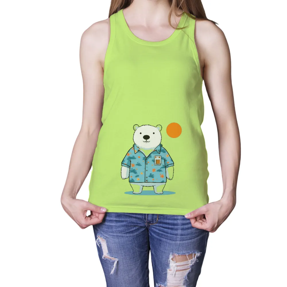 T-Shirts Pattern: Polar Bear in Hawaiian Shirt - Joyful Summer Vibes| Orange sun