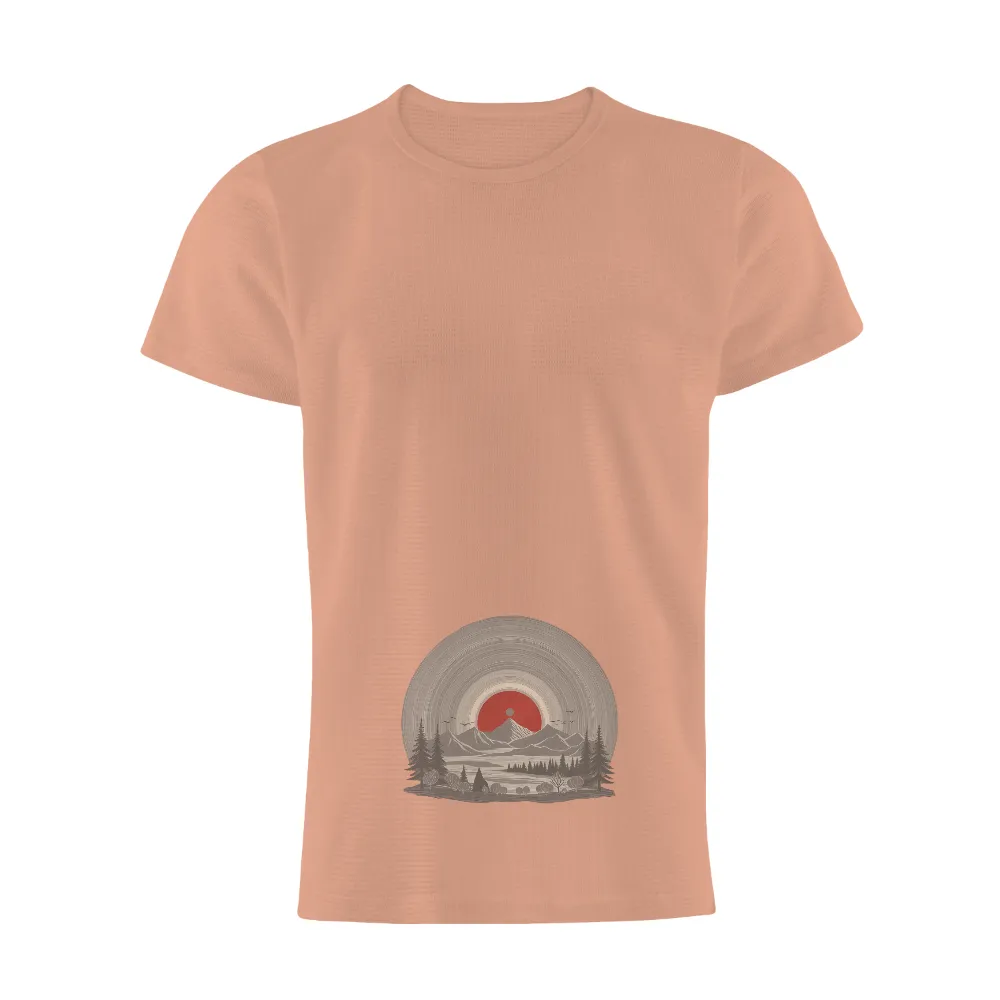 TShirt Design: Serene Landscape with Majestic Mountains and Red Sun|adventure time dancing with monsters shirt