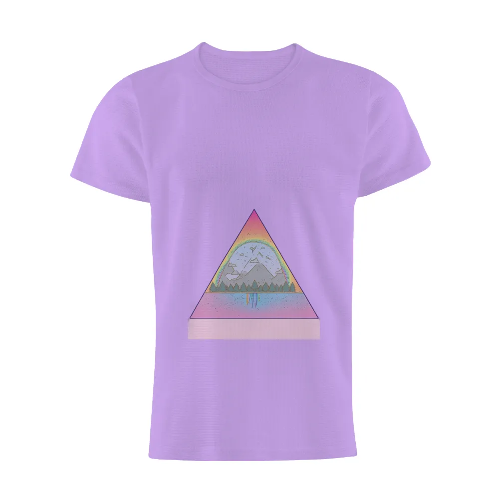 TShirt Design: Nature's Harmony - Landscape, Mountains, Rainbow| and lake