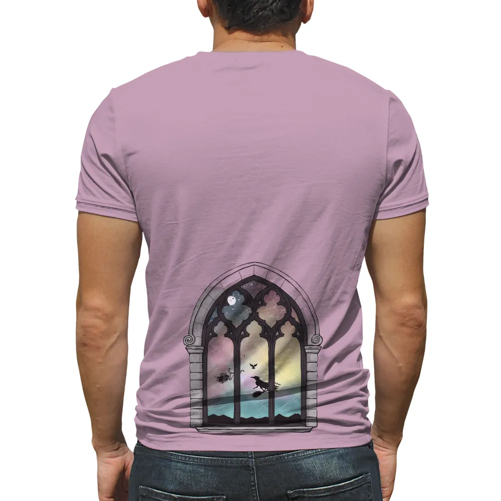 Custom T-Shirt Printing: Enchanted Gothic Window with Witch and Celestial Sky| black cat