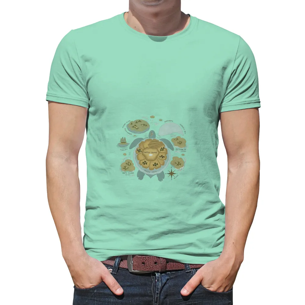 TShirt Design: Whimsical Turtle Island Adventure| Exploration-themed T-shirt