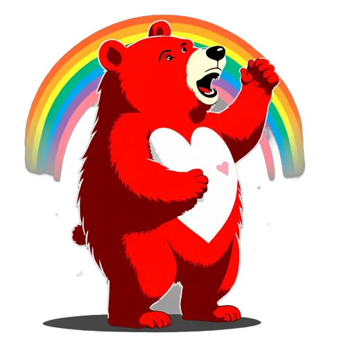 Customized Tee Shirts: Red Bear Under Rainbow - Spread Love and Joy