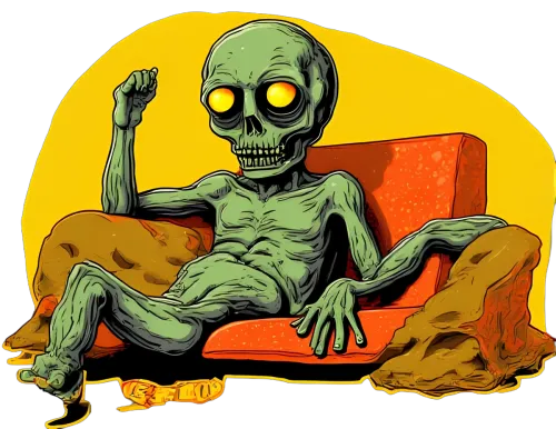 T-Shirts Pattern: Skeleton on Orange Couch with Yellow Glow