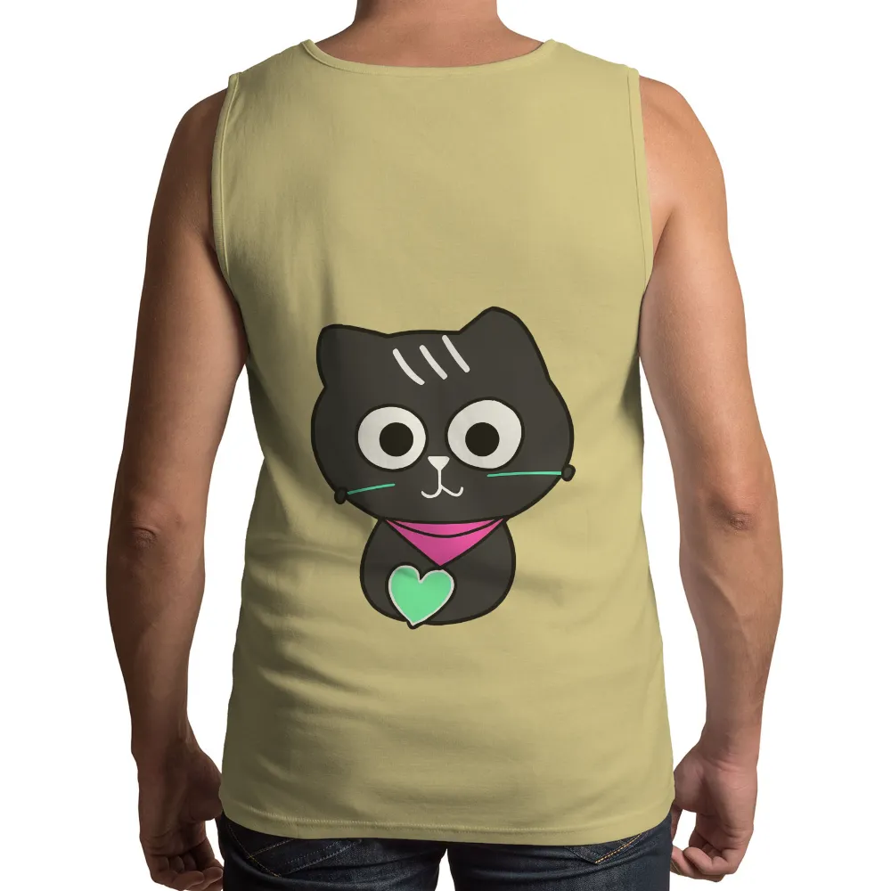 T-Shirts Custom: Whimsical Black Cat with Heart Pendant| Green heart-shaped pendant