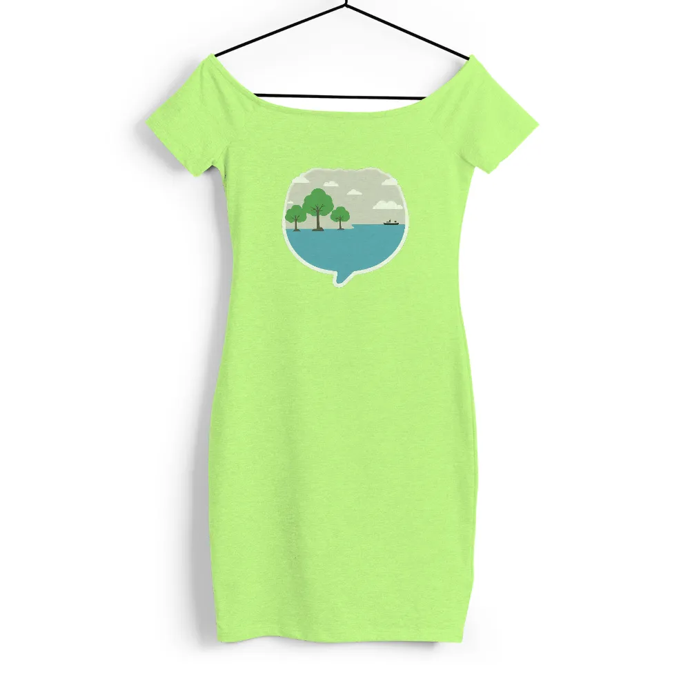 Tee Shirts Printed: Serene Nature Scene | Peaceful Trees and Sea|distant boat