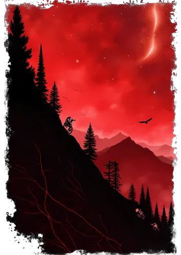 T-Shirts Custom: Mountain Biking Adventure Under a Red Sky