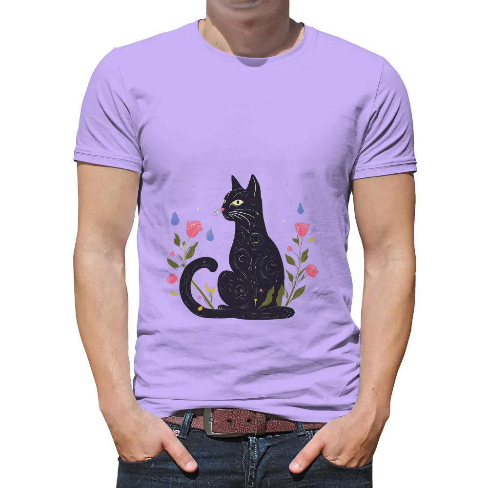 Customized Tee Shirts: Black Cat Among Pink Roses - Artistic Design|mystery shirt