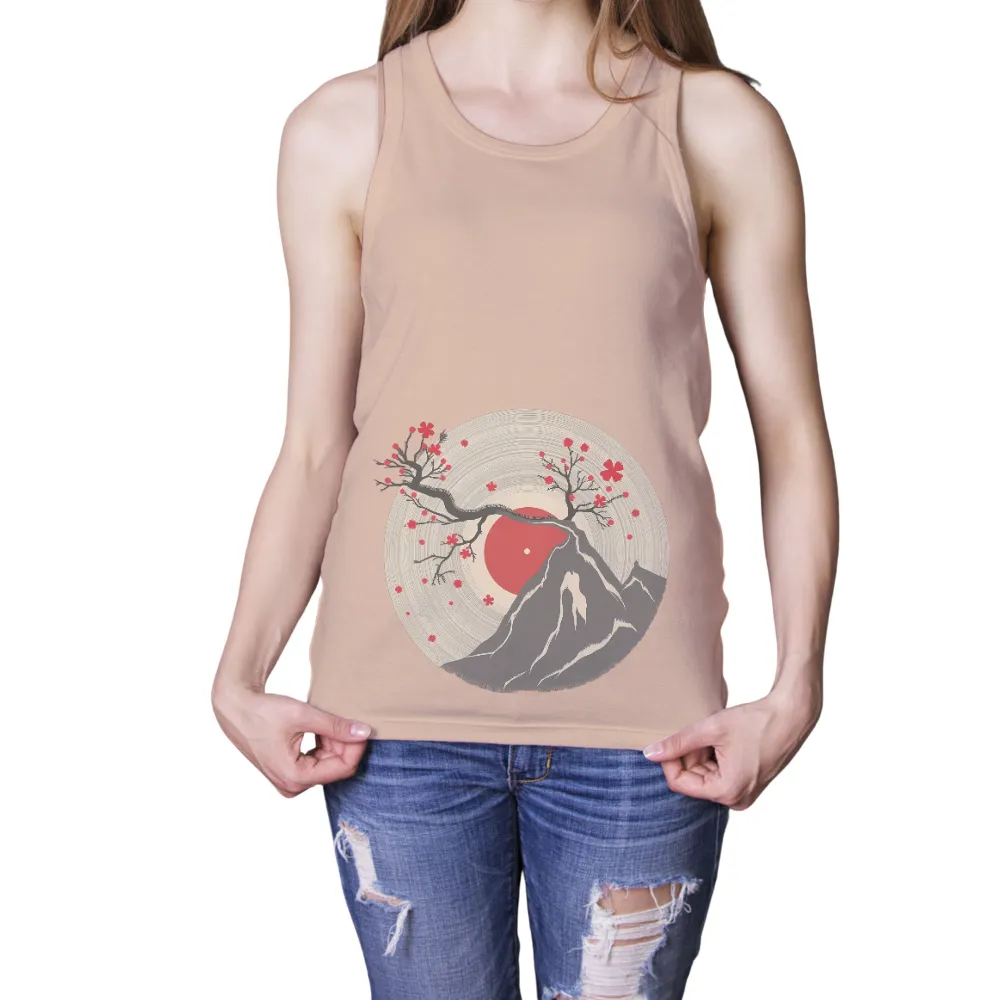 Graphic Tees: Mountain and Cherry Blossom - Artistic Design| cherry blossom tree