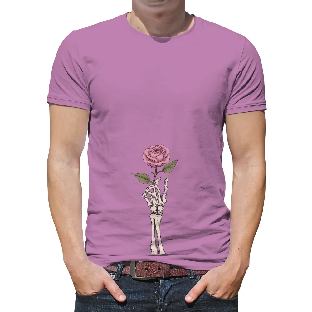 Custom Tee Shirts: Skeletal Hand Holding Pink Rose - Artistic Contrast