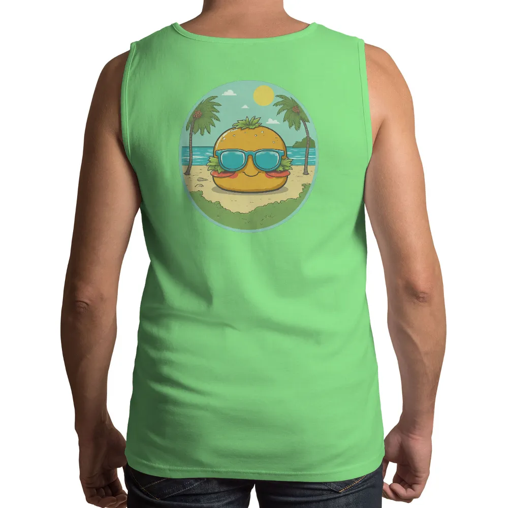 TShirt Design: Sunny Burger with Sunglasses on the Beach|usmc beach party t shirt