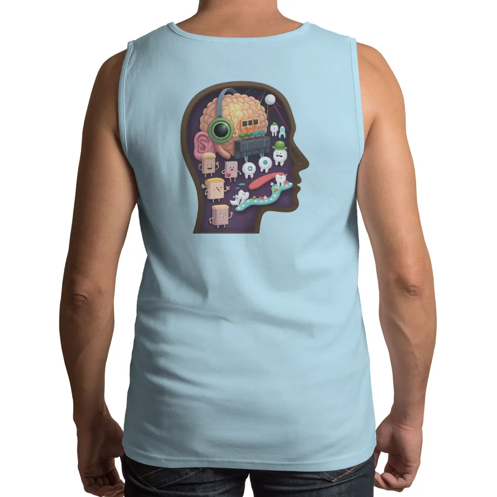 Custom Tee Shirts: Whimsical Mind Exploration | Brain, Music & Teeth| tooth with green hat