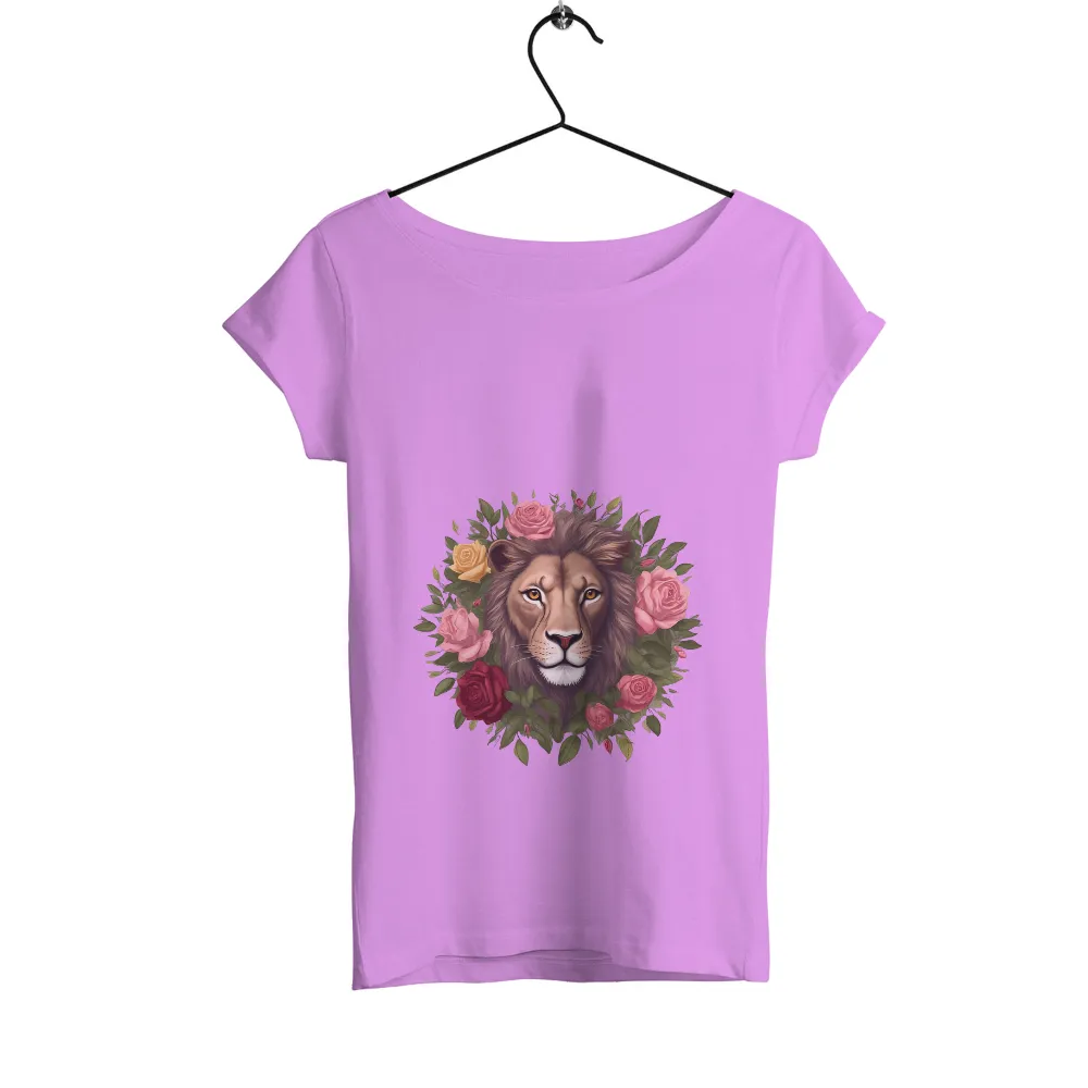 T-Shirts Design: Lion and Roses - A Blend of Strength and Beauty| Vibrant roses and a lion