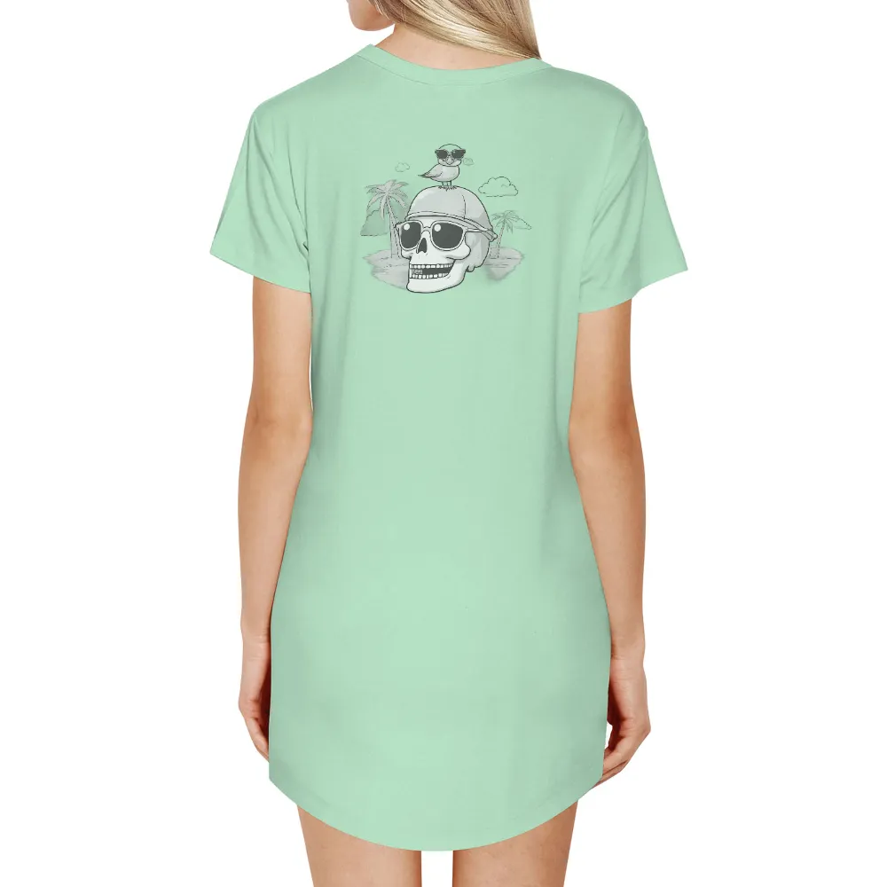 TShirt Design: Whimsical Skull with Sunglasses and Bird|Skull wearing sunglasses