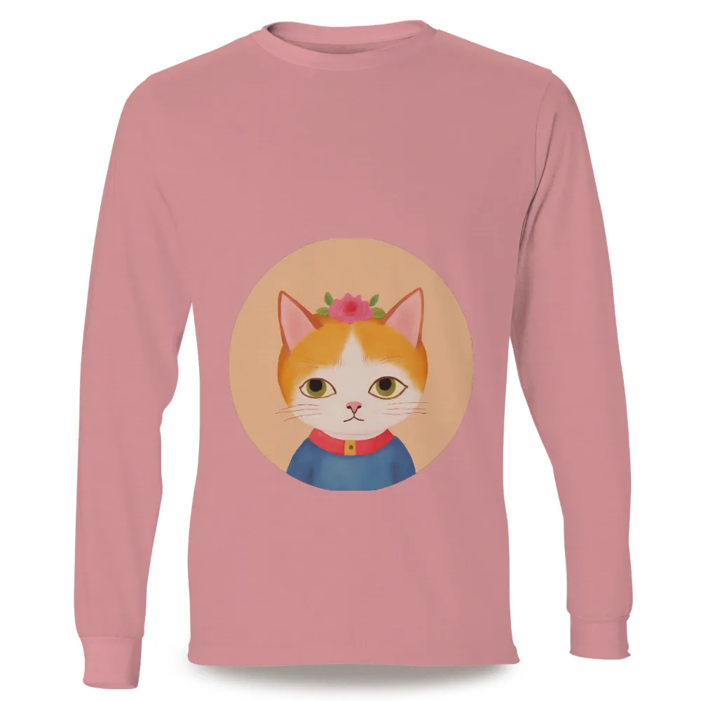 Tee Shirts Printed: Whimsical Cat with Flower Crown| Red collar