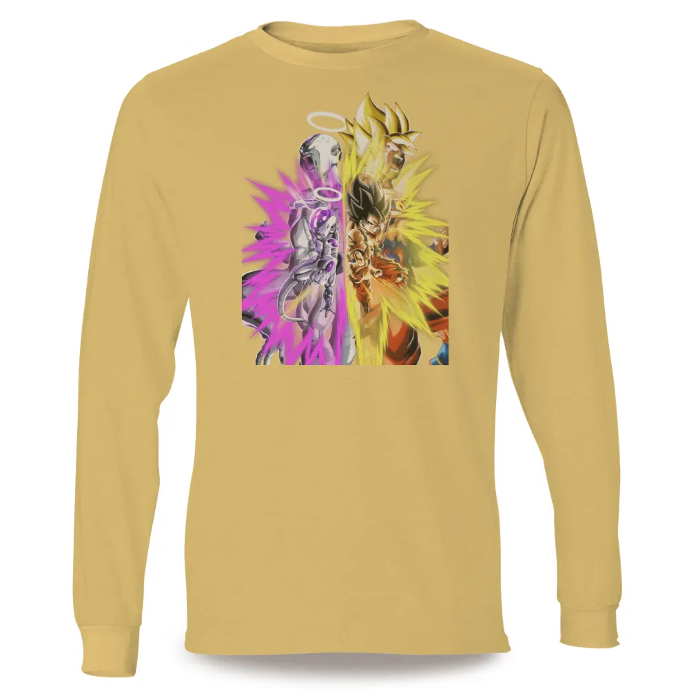 Epic Confrontation: Golden Warrior vs Dark Figure T-Shirts Pattern|courage the cowardly dog tee shirts