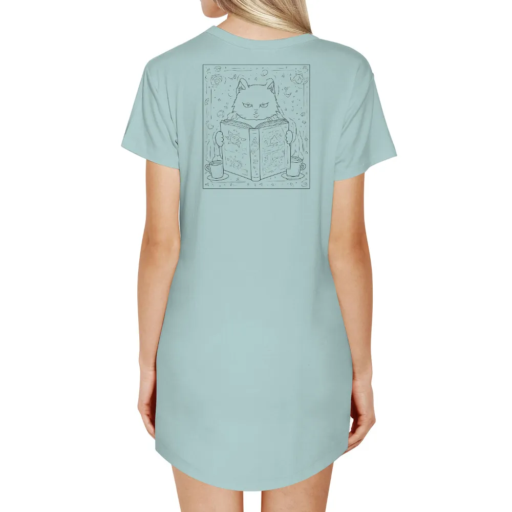 TShirt Design: Luna's Enchanting Journey Through Knowledge|Luna the cat reading an ancient book