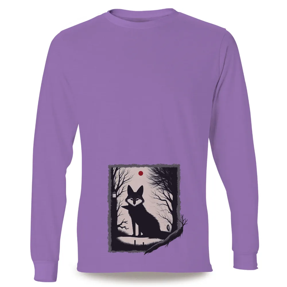 TShirt Design: Black Fox Serenity in Winter Forest|Black fox sitting on a log