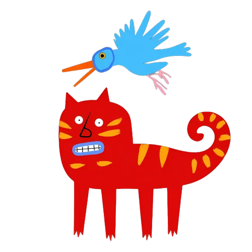 Custom T-Shirt Printing: Whimsical Red Cat and Blue Bird Friendship