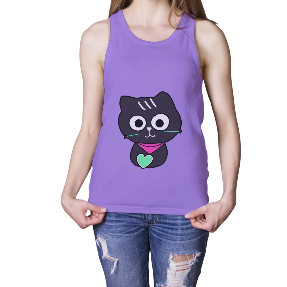 T-Shirts Custom: Whimsical Black Cat with Heart Pendant| Whimsical black cat design