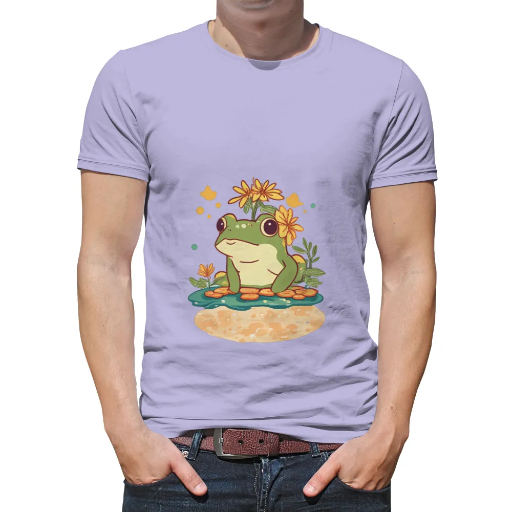 TShirt Printing: Serene Frog with Yellow Flowers - Nature's Tranquility|cartoon characters t shirts wholesale