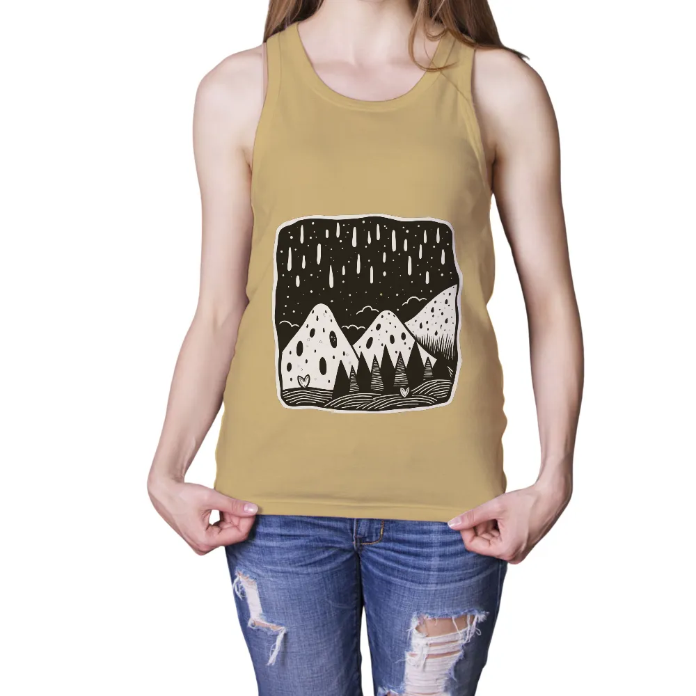 Mystical Mountains T-Shirt Printing: Nature's Whisper in the Rain|rain snow t shirt