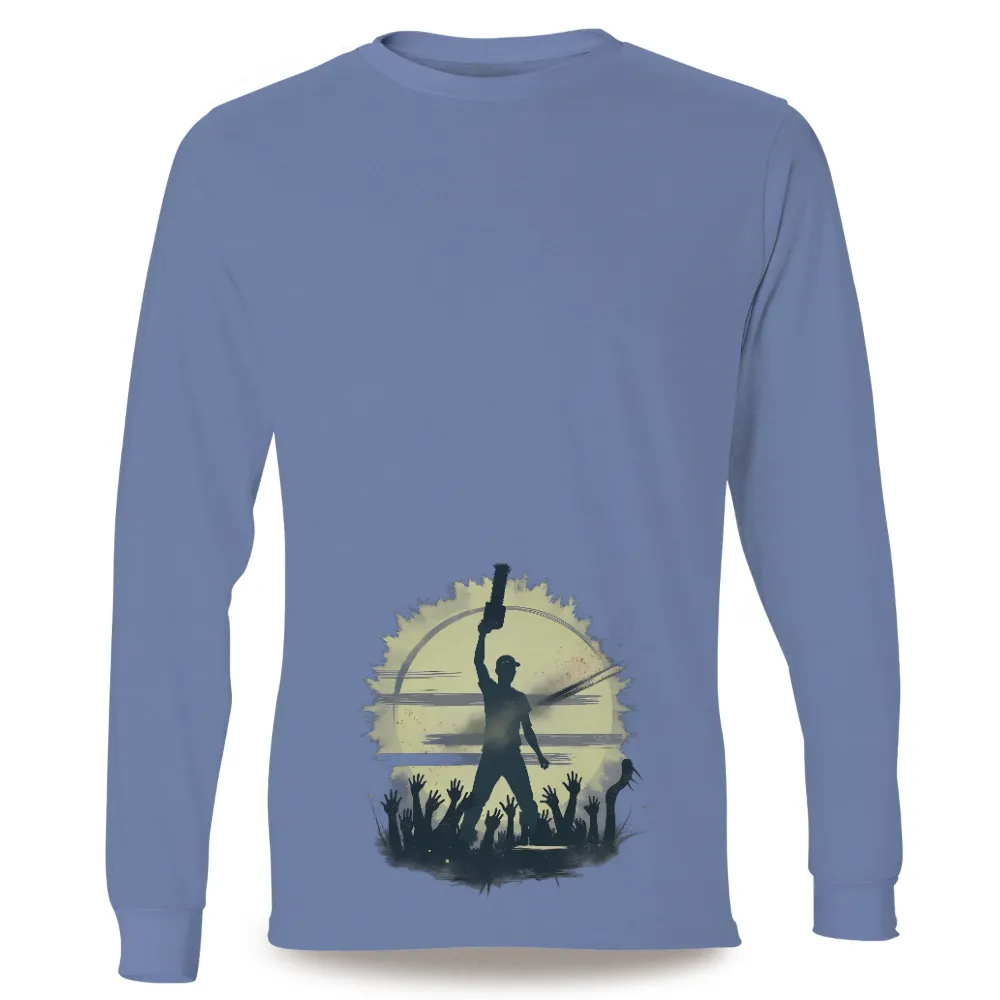 T-Shirts Pattern: Defiance and Triumph in the Face of Adversity|Lone figure with chainsaw