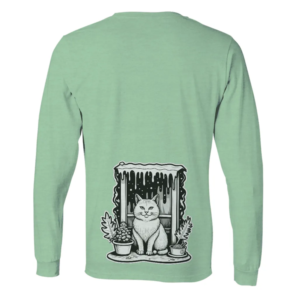 Tee Shirt Printing: Serene Winter Night with a White Cat| potted plant with flowers