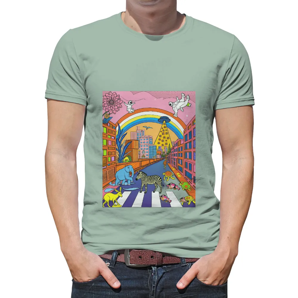 Tee Shirts Printed: Surreal Cityscape with Animals and Astronauts| animals walking on a zebra crossing