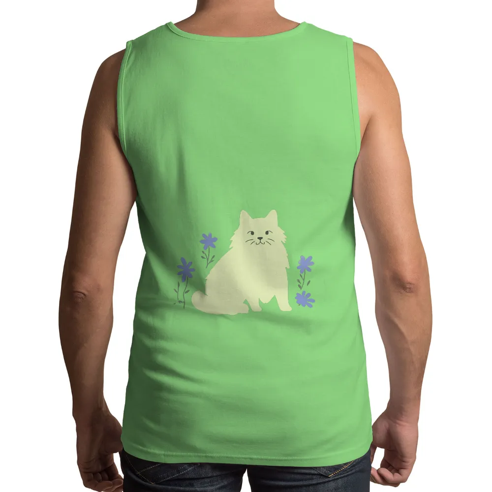 TShirt Printing: Minimalist Cat with Purple Flowers - Tranquil Elegance|simple shirt print design