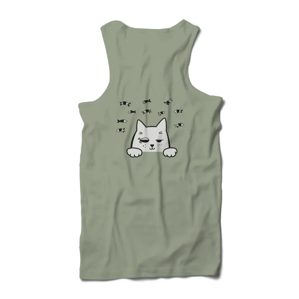 Graphic Tees: Playful White Cat with Fish - Whimsical Design|my cat is my valentine t shirt