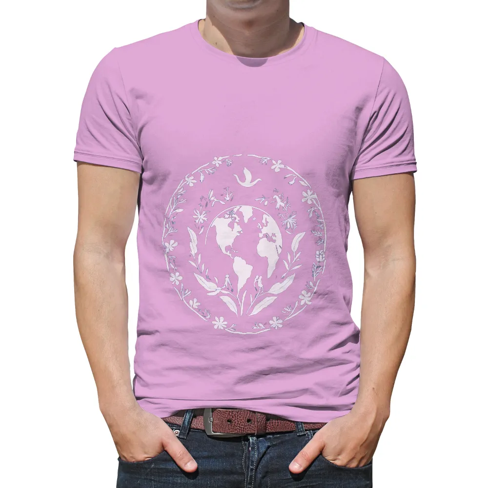 T-Shirts Pattern: Globe with Flowers and Leaves - Unity and Environmental Responsibility|women's earth day t shirt