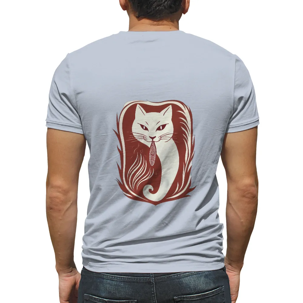 Custom Tee Shirts: Enigmatic Cat in a Red Frame| calm yet intense