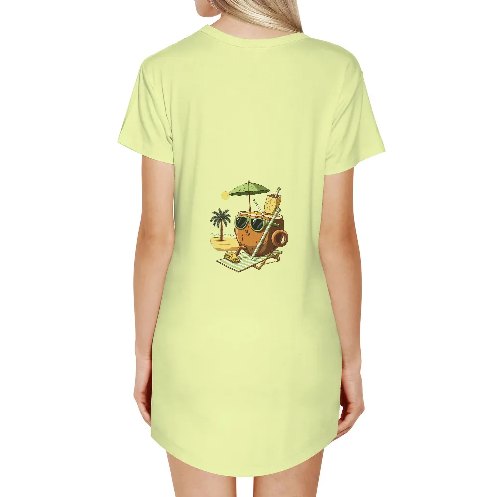 T-Shirts Design: Relaxing Coconut Beach Character| Umbrella over coconut