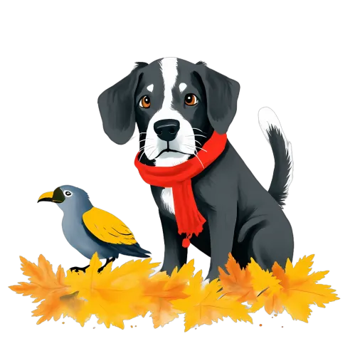 Custom Tee Shirts: Autumn Companions - Dog and Bird in Fall Leaves