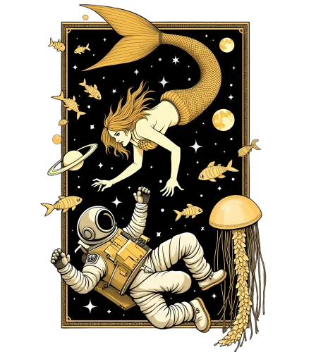 Shirts Graphic Tees: Mermaid Meets Astronaut in Cosmic Fantasy