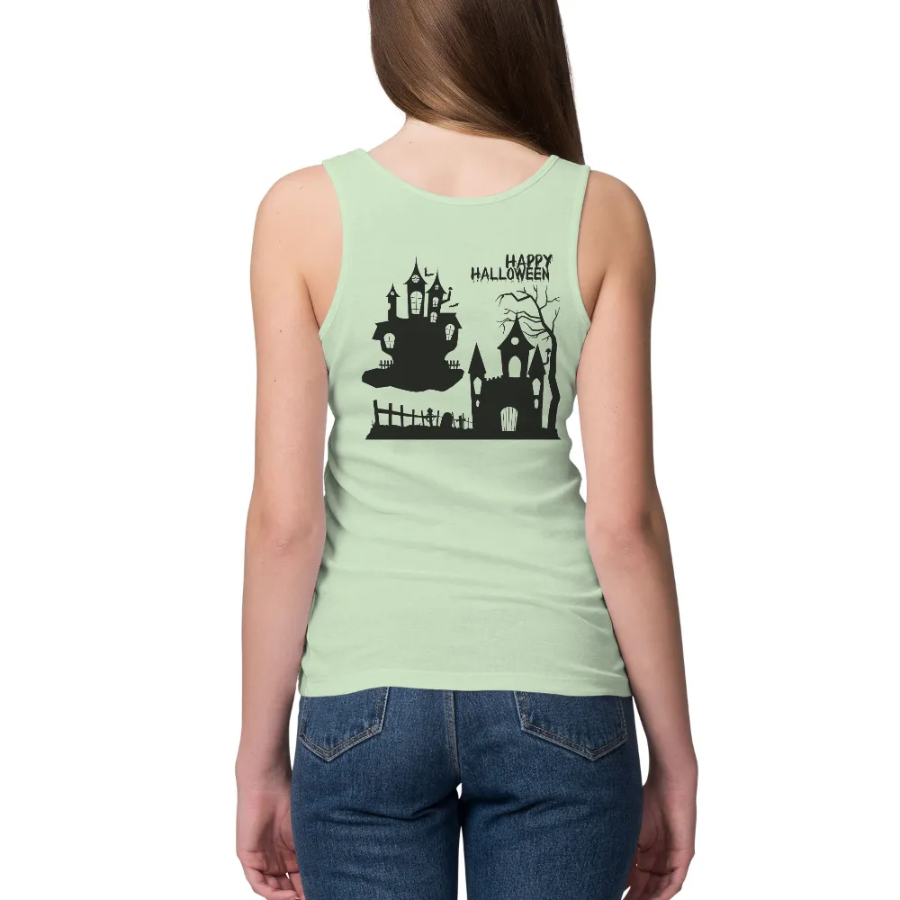 Customized Tee Shirts: Haunted Castle Silhouette for Happy Halloween|bleach halloween shirts dollar tree