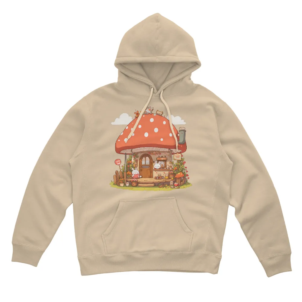 T-Shirts Design: Whimsical Mushroom House Café| wooden fence