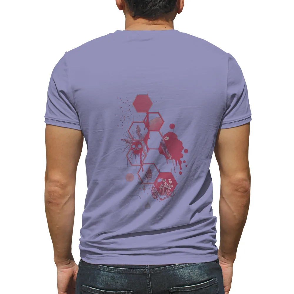 Shirts Graphic Tees: Surreal Forest Guardian in Deep Reds and Blacks| mysterious forest guardian